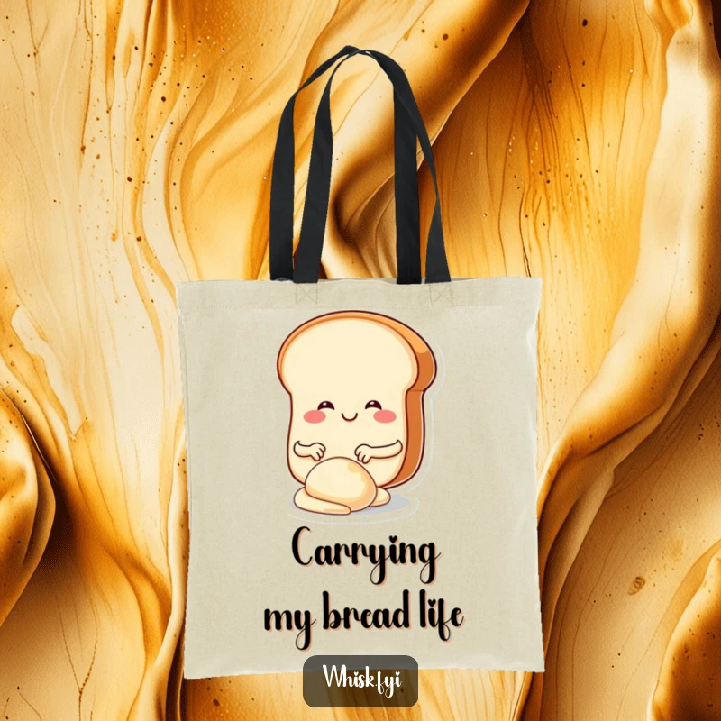 Funny, happy bread slice character joyfully kneading dough, featured on a practical tote bag for bakers.