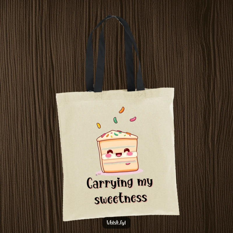 Funny cake tote bag showing a playful slice of cake juggling colorful sprinkles, perfect for bakery runs.