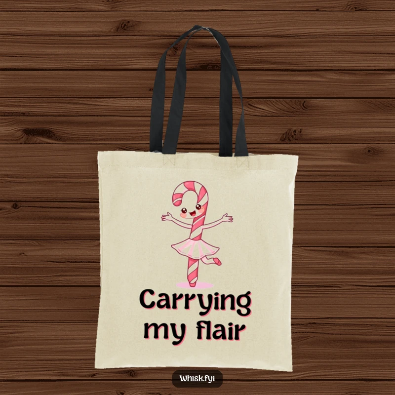 Funny Candy Cane Tote Bag with a cheerful candy cane performing a ballet twirl, perfect for carrying holiday items in style.