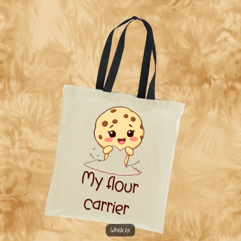 Funny tote bag with a giggling cookie character sifting flour, perfect for carrying baking ingredients and tools.