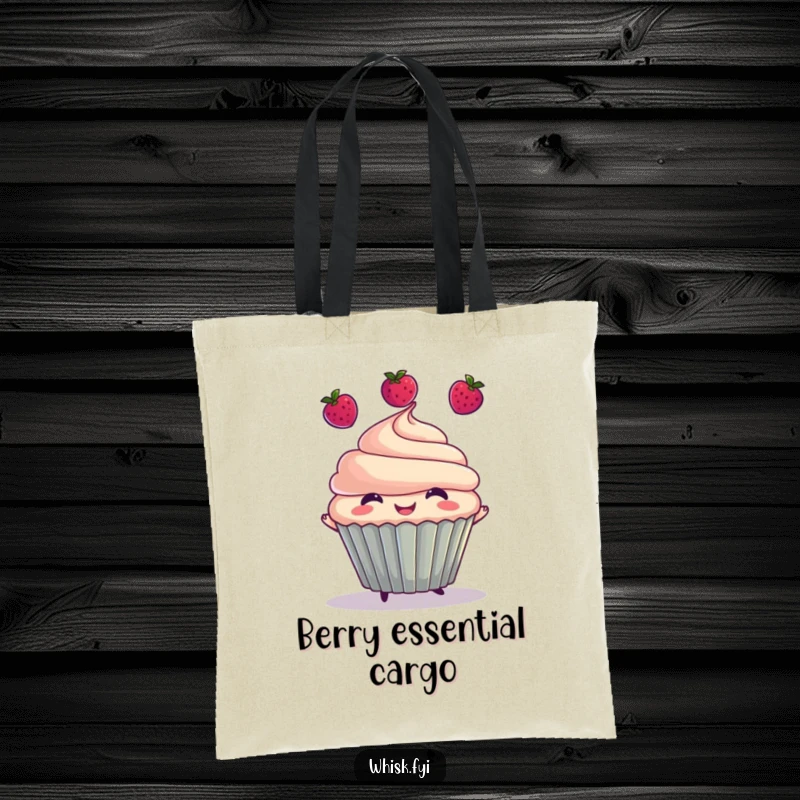 Funny tote bag with a smiling cupcake character juggling three berries, showcasing a vibrant and playful design for an everyday accessory.