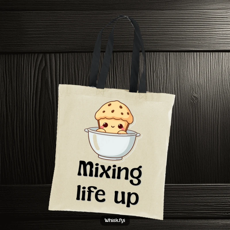 Funny Muffin Tote Bag: A curious muffin peeking from a mixing bowl, ready to carry groceries with a side of humor.