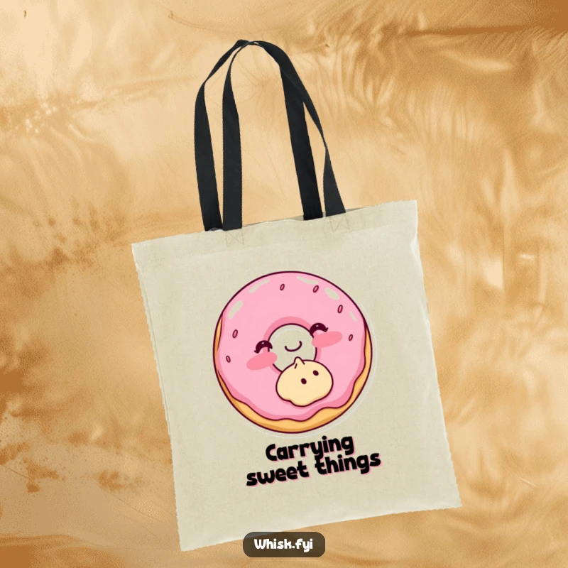 Funny tote bag featuring a blushing donut sweetly frosting a small cookie, symbolizing gentle kindness and baking.