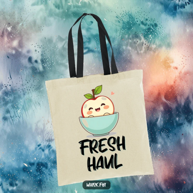 Funny kawaii apple tote bag, bobbing with excitement in a bowl, practical and cheerful.