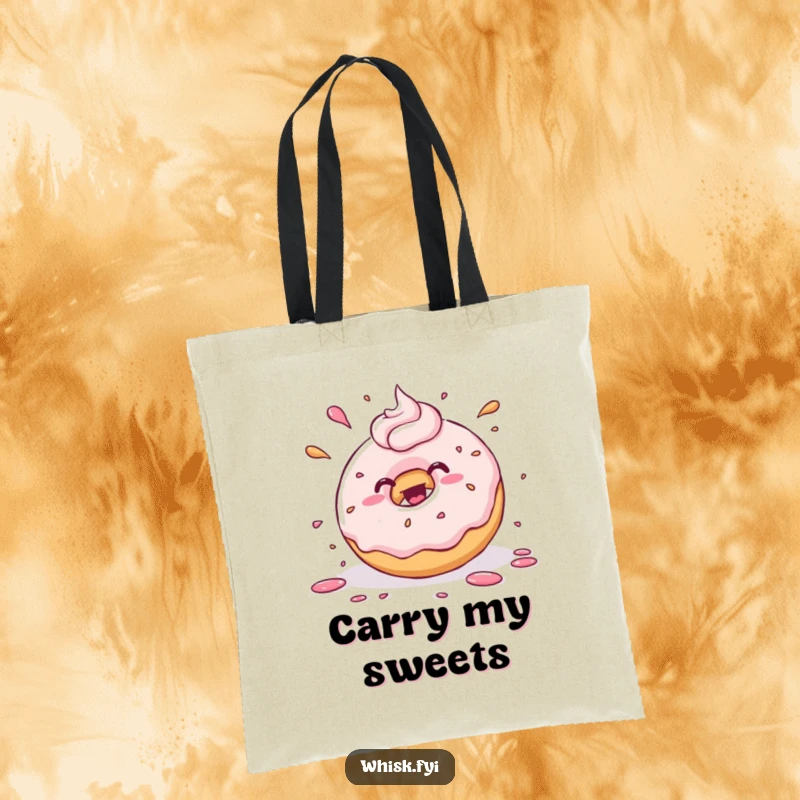 Funny kawaii donut joyfully splattering frosting with playful abandon, on a reusable tote bag. A humorous and functional accessory.
