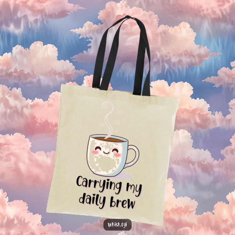 Funny kawaii tote bag featuring a cheerful coffee mug design with happy steam clouds, great for shopping.