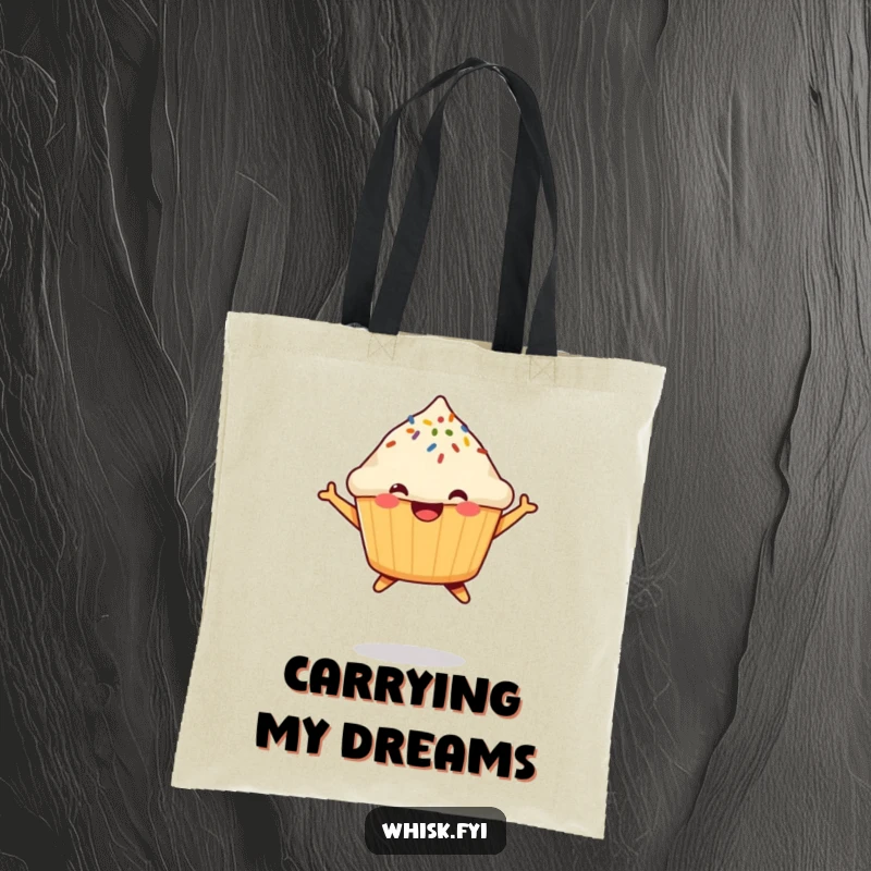 Funny Muffin Tote Bag with a happy, jumping muffin adorned with a sprinkle, perfect for carrying groceries with a smile.