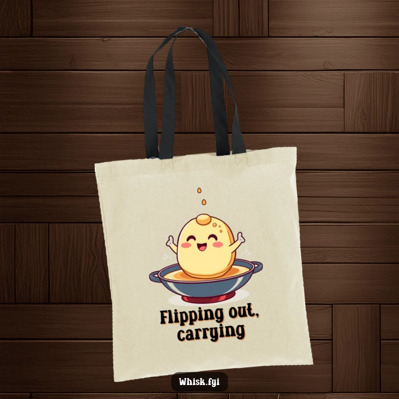 Funny pancake tote bag with a happy character performing a flip in a hot pan, ready for breakfast.