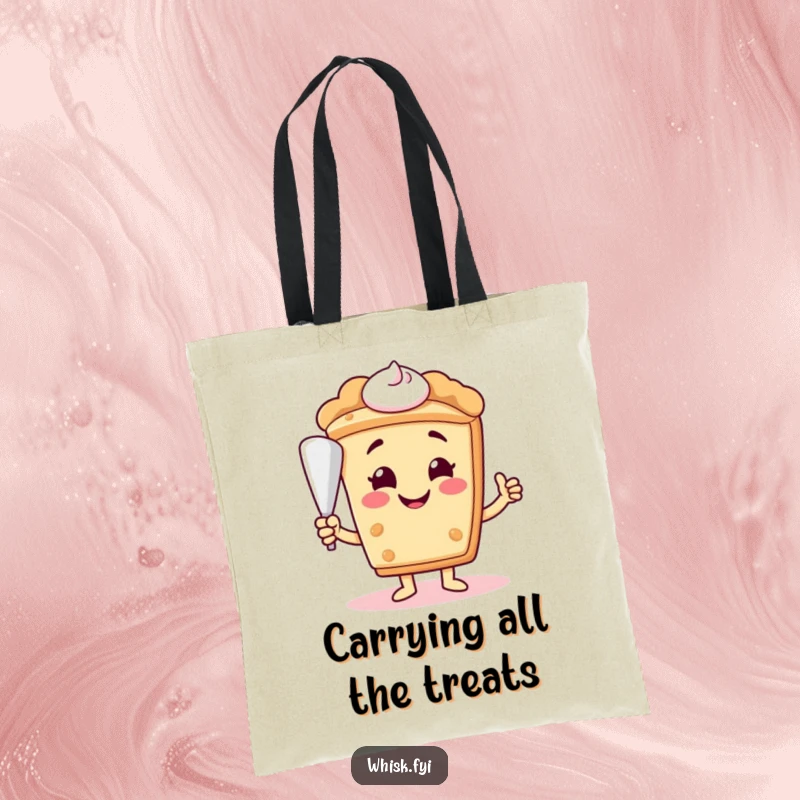 Funny smiling slice of pie character with a piping bag on a durable tote bag, ready for bakery adventures.