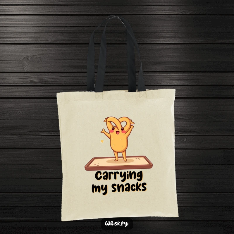 Funny tote bag showing a cheerful pretzel doing a handstand on a baking sheet, perfect for carrying daily items with bakery humor.