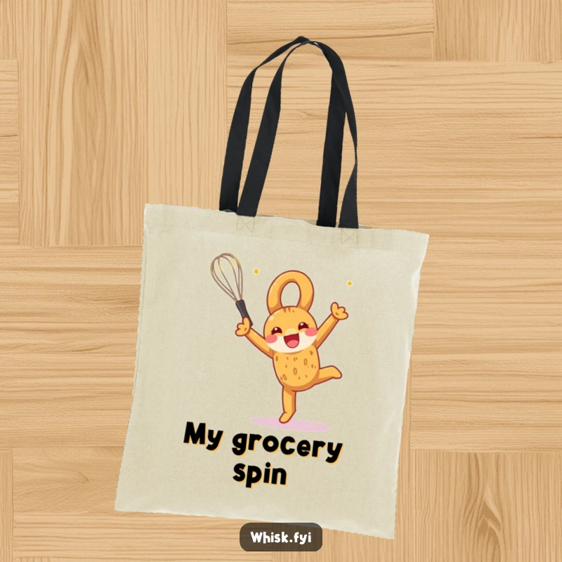 Funny tote bag featuring a pretzel doing a celebratory somersault with a whisk, symbolizing baking fun and creativity.
