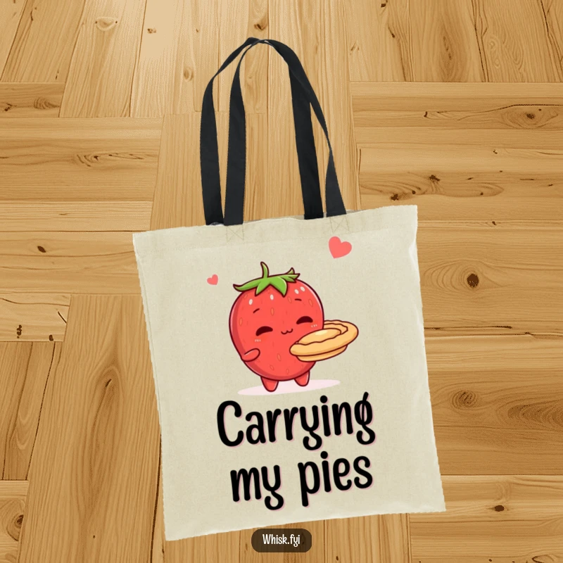 Funny tote bag showcasing a shy, blushing strawberry presenting a homemade pie, a charming accessory for grocery shopping or market trips.