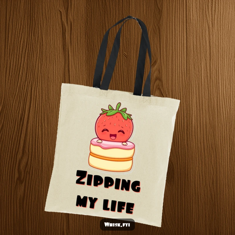 Funny tote bag with a cheerful strawberry zipping cake layers together, a sweet and practical carryall.
