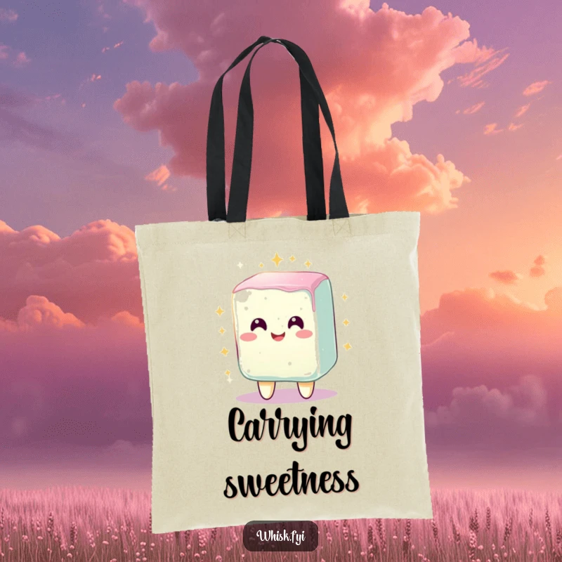 Funny tote bag with a radiant, smiling sugar cube character sparkling brightly, perfect for groceries or daily essentials.