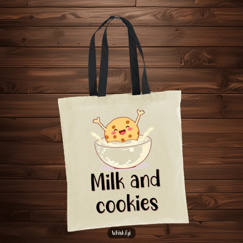 Funny tote bag showing a giggling cookie jumping into a bowl of milk, perfect for carrying essentials with a delightful splash of humor.