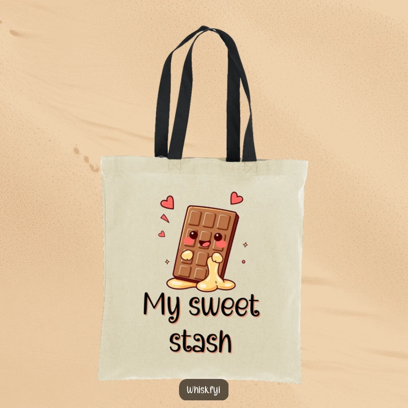 Funny kawaii chocolate bar tote bag, melting slightly with a happy sigh, chic and hilarious accessory for treat lovers, perfect funny gift.