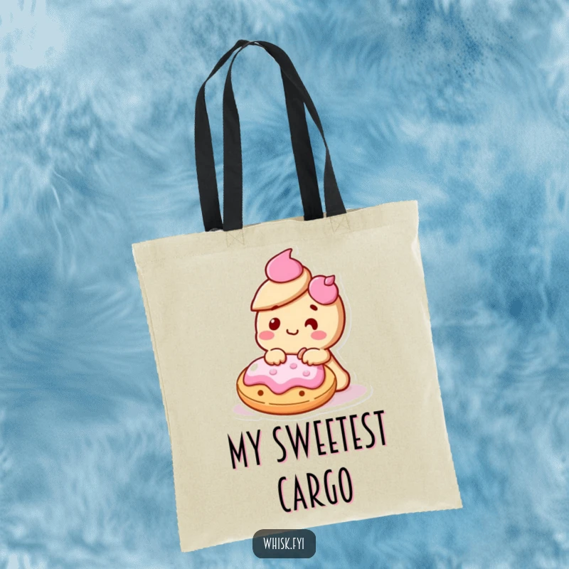Funny Kawaii cookie character delighted and icing another cookie on a tote bag, ready for creative tasks.