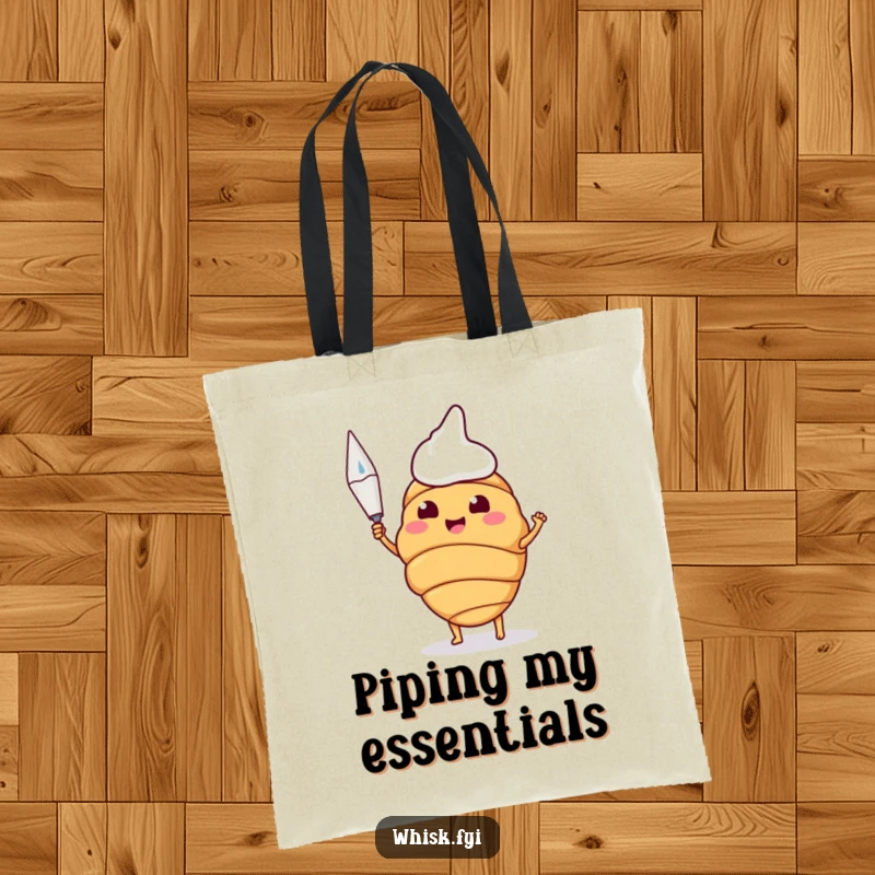 Funny tote bag with a happy croissant proudly holding a piping bag, perfect for carrying baking essentials.