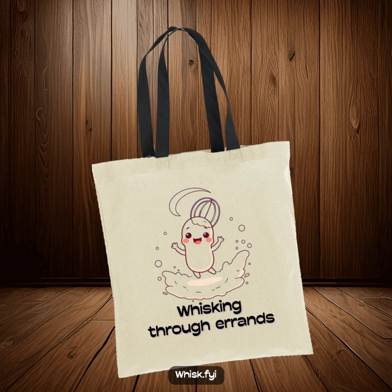 Funny tote bag with a happy, anthropomorphic whisk character twirling playfully in a cloud of flour, a stylish baking accessory.