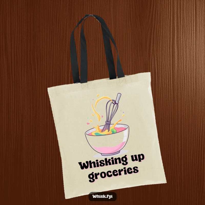 Funny tote bag with a giggling whisk spinning in a bowl of colorful batter, great for carrying groceries.